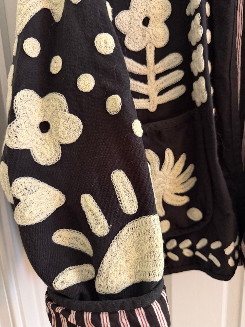 Black Embroidered Floral Open Front Jacket with Cream Appliqué - Picture 2 of 3